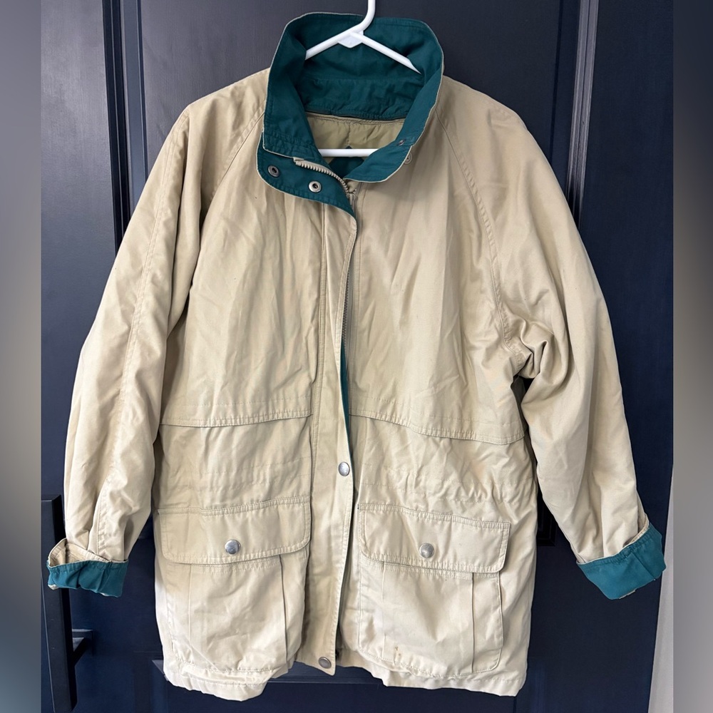 Vintage London Fog Mens Coat Lined Zip Up Long Sleeve Khaki Green Two Tone